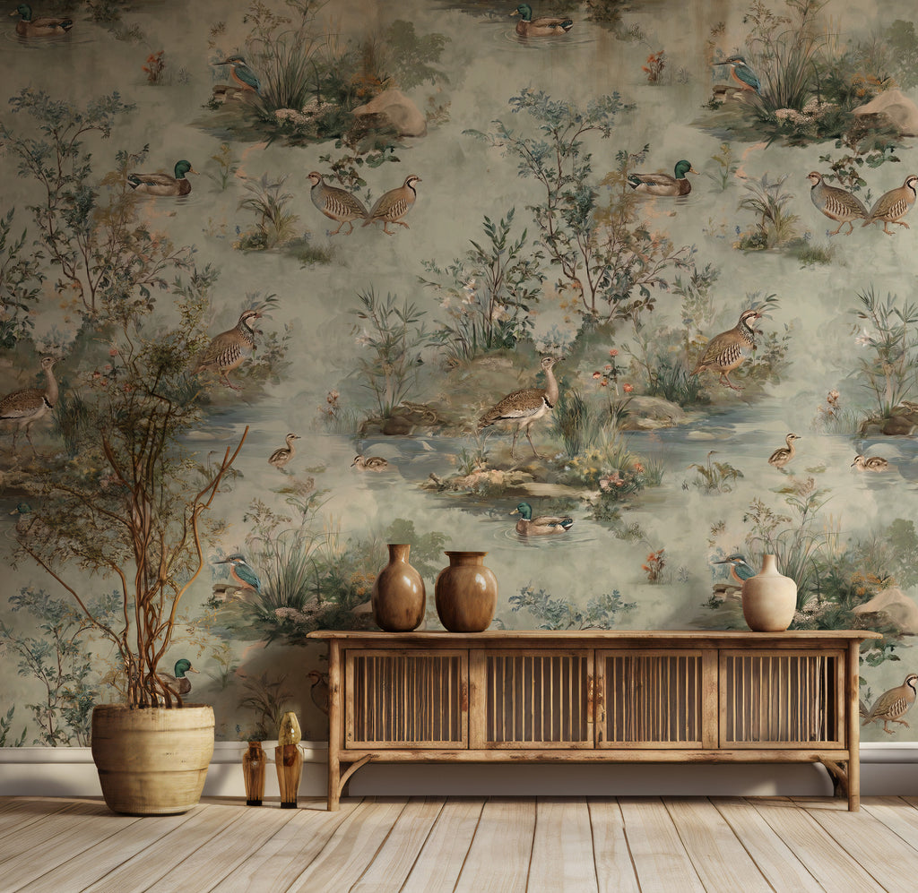 Botanical Lake Wallpaper : Vintage Duck and Reed Toile Wall Mural - View 5