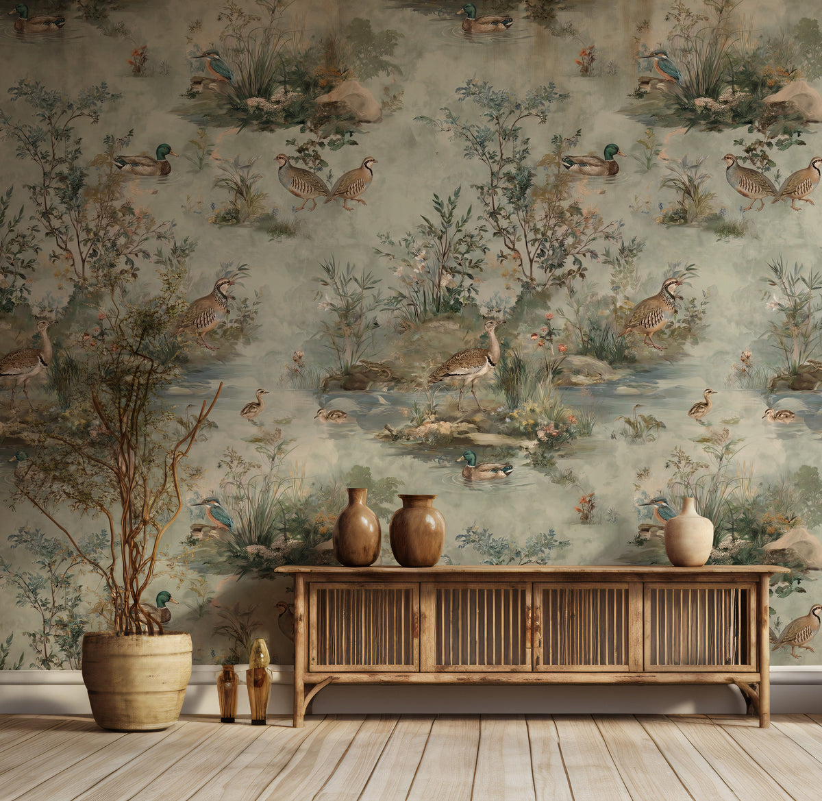 Botanical Lake Wallpaper : Vintage Duck and Reed Toile Wall Mural - View 5