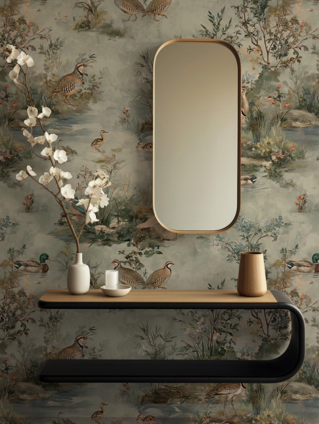 Botanical Lake Wallpaper : Vintage Duck and Reed Toile Wall Mural - View 4
