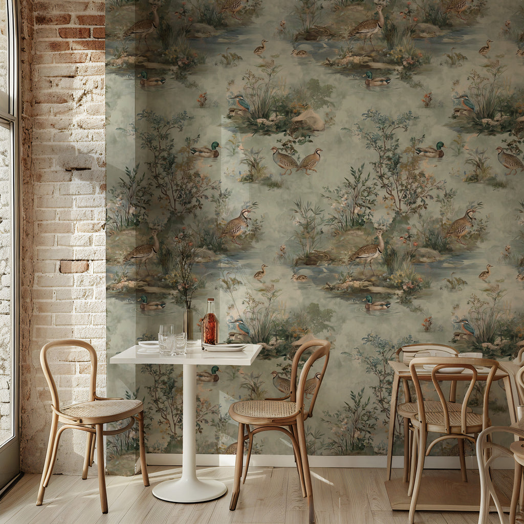 Botanical Lake Wallpaper : Vintage Duck and Reed Toile Wall Mural - View 3