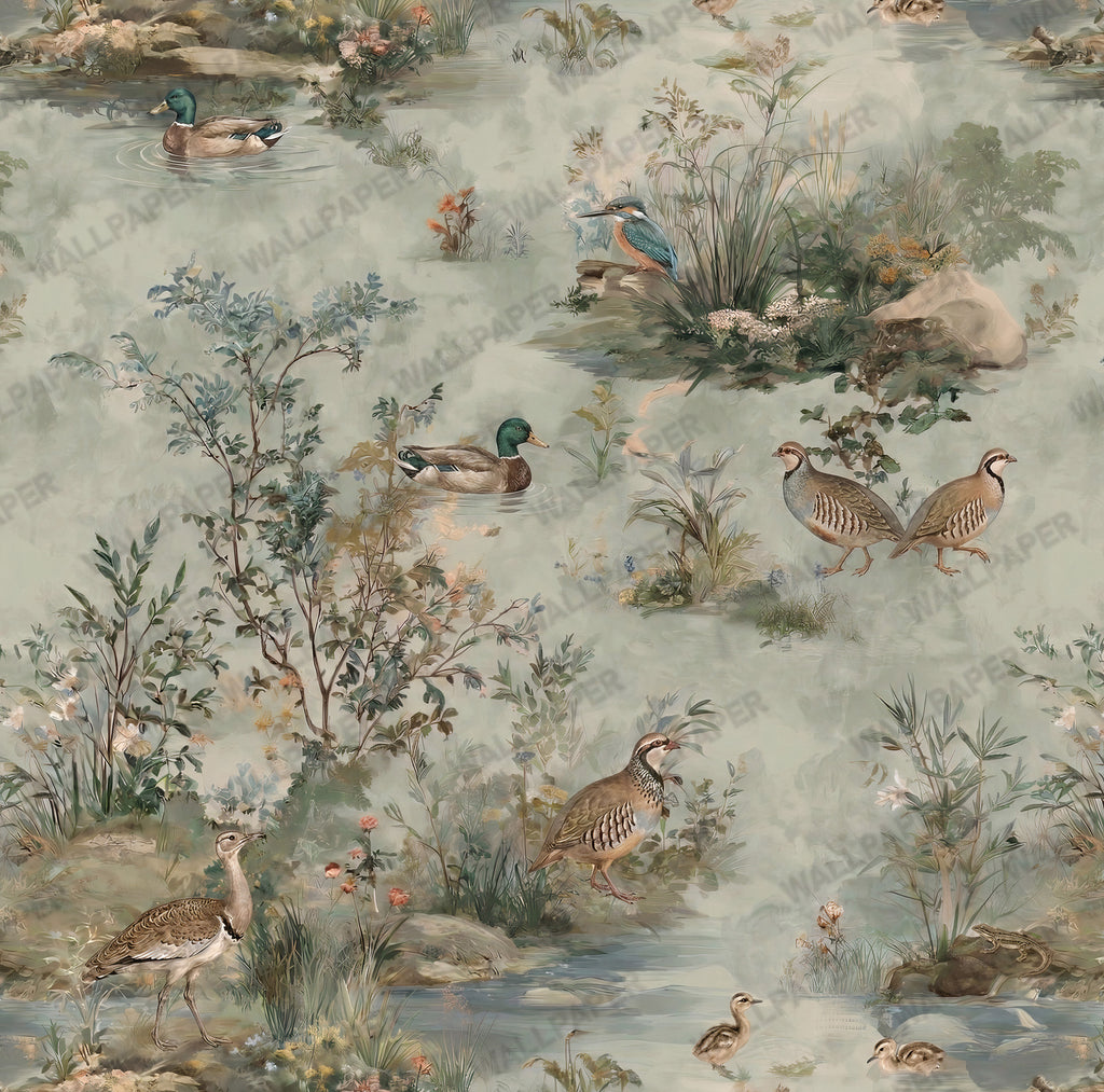Botanical Lake Wallpaper : Vintage Duck and Reed Toile Wall Mural - View 2