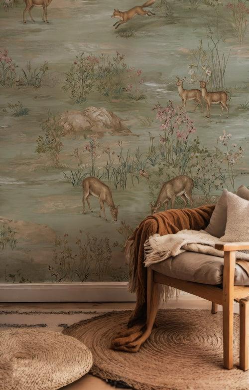 Sage Deer and Fox Wallpaper : Vintage Woodland Toile Wall Mural