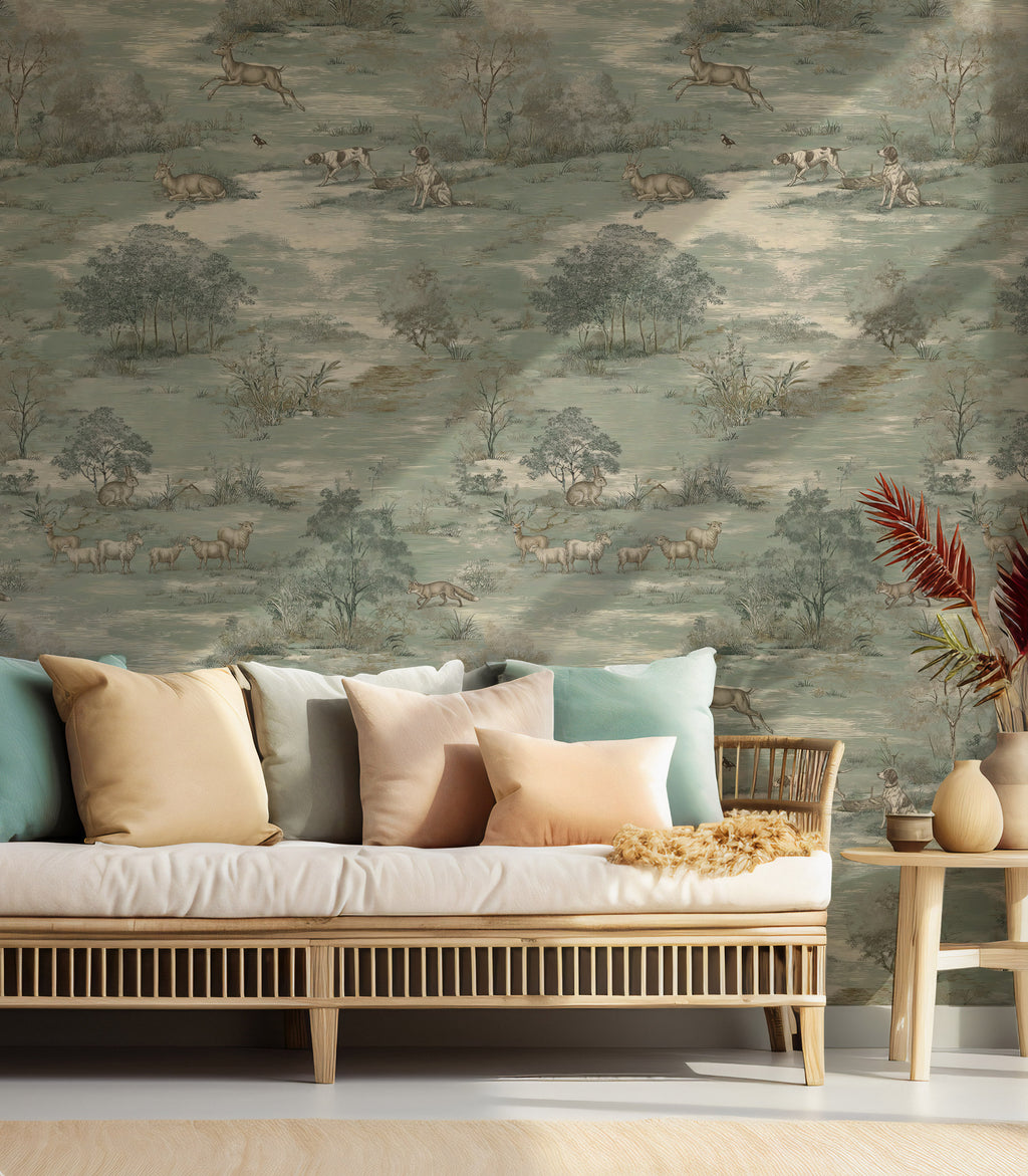 Sage Green Pastoral Toile Wallpaper : Vintage Deer Meadow Mural - View 6