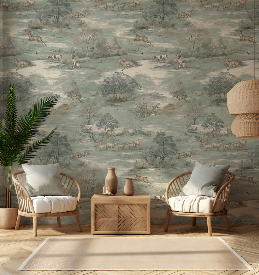 Sage Green Pastoral Toile Wallpaper : Vintage Deer Meadow Mural - View 5