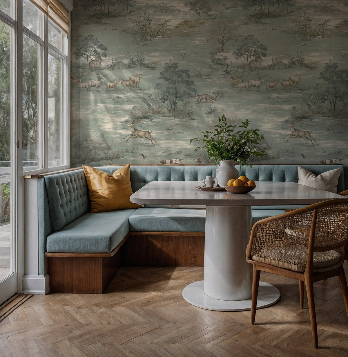 Sage Green Pastoral Toile Wallpaper : Vintage Deer Meadow Mural - View 4