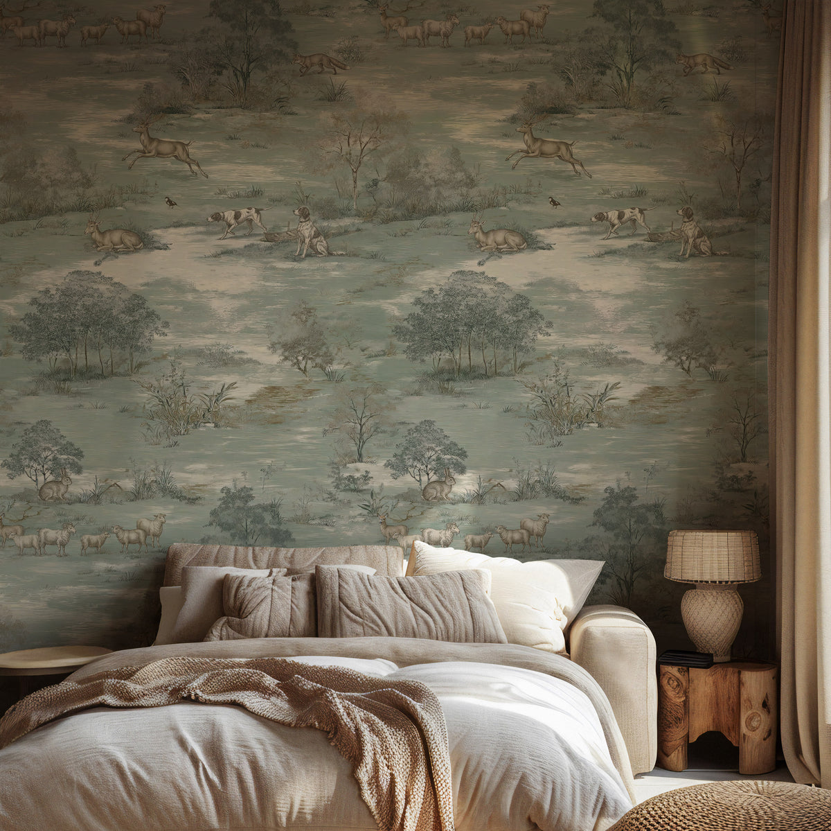 Sage Green Pastoral Toile Wallpaper : Vintage Deer Meadow Mural - View 3