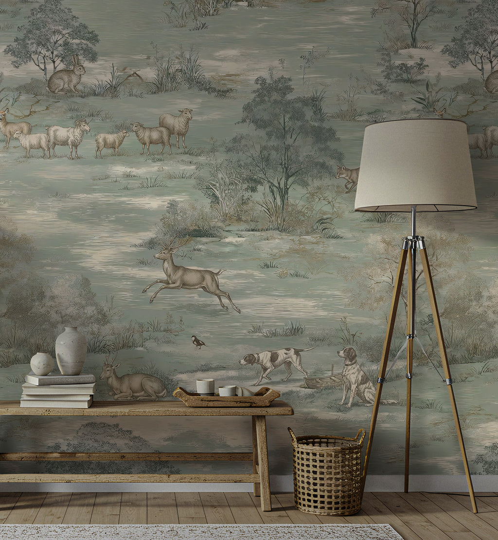 Sage Green Pastoral Toile Wallpaper : Vintage Deer Meadow Mural