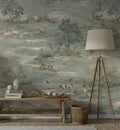 Sage Green Pastoral Toile Wallpaper : Vintage Deer Meadow Mural