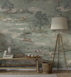 Sage Green Pastoral Toile Wallpaper : Vintage Deer Meadow Mural