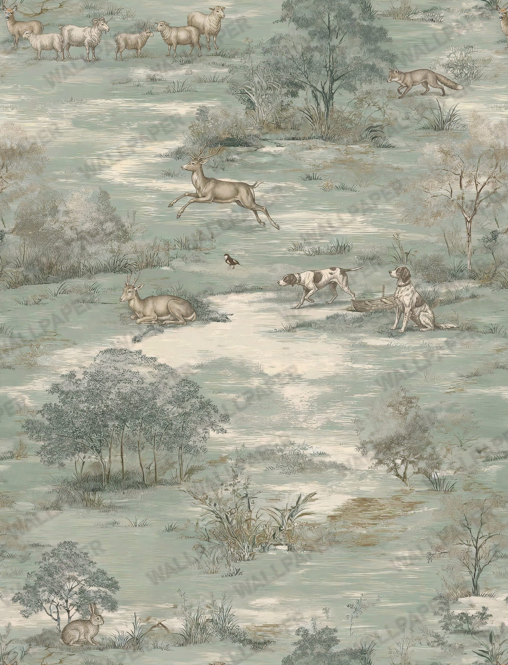 Sage Green Pastoral Toile Wallpaper : Vintage Deer Meadow Mural - View 2