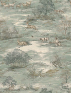 Sage Green Pastoral Toile Wallpaper : Vintage Deer Meadow Mural - View 2