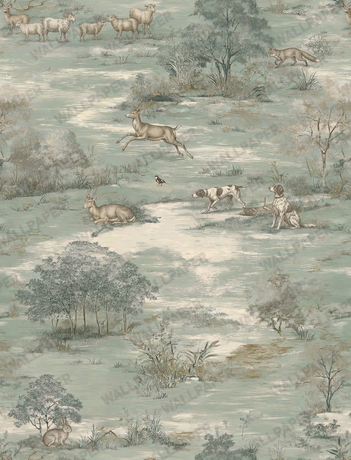 Sage Green Pastoral Toile Wallpaper : Vintage Deer Meadow Mural - View 2