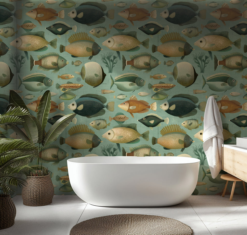 Ocean Fish Wallpaper : Vintage Sea Life Bathroom Wall Mural