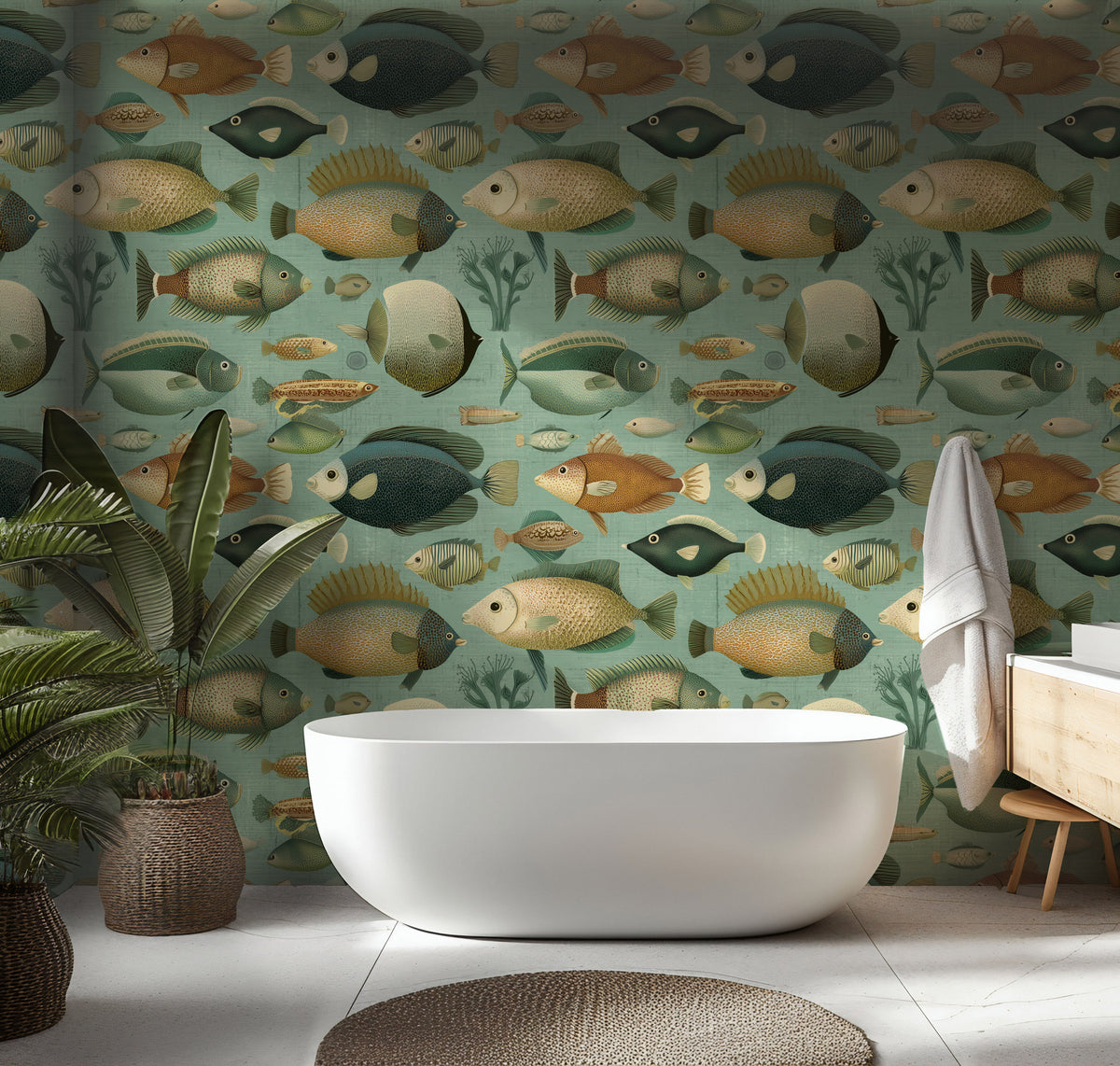 Ocean Fish Wallpaper : Vintage Sea Life Bathroom Wall Mural