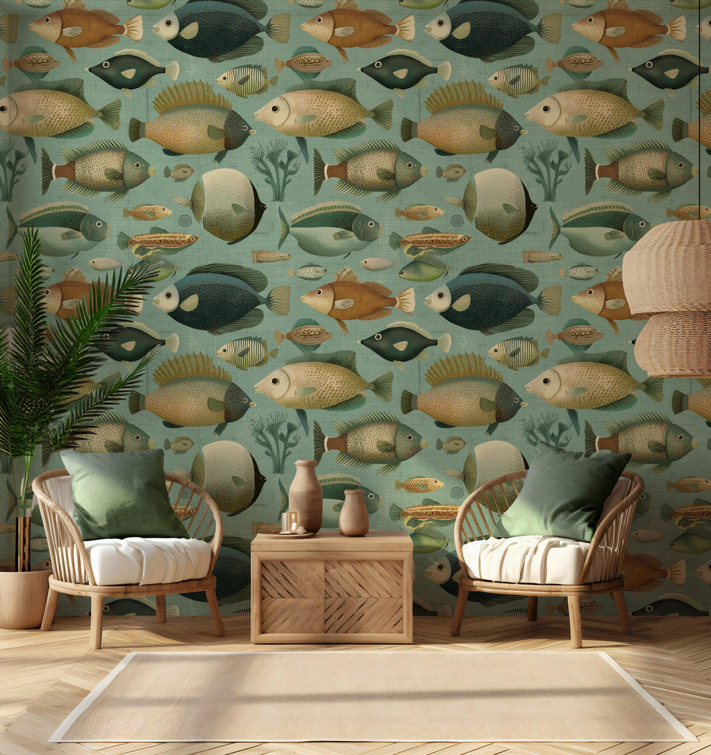 Ocean Fish Wallpaper : Vintage Sea Life Bathroom Wall Mural - View 4
