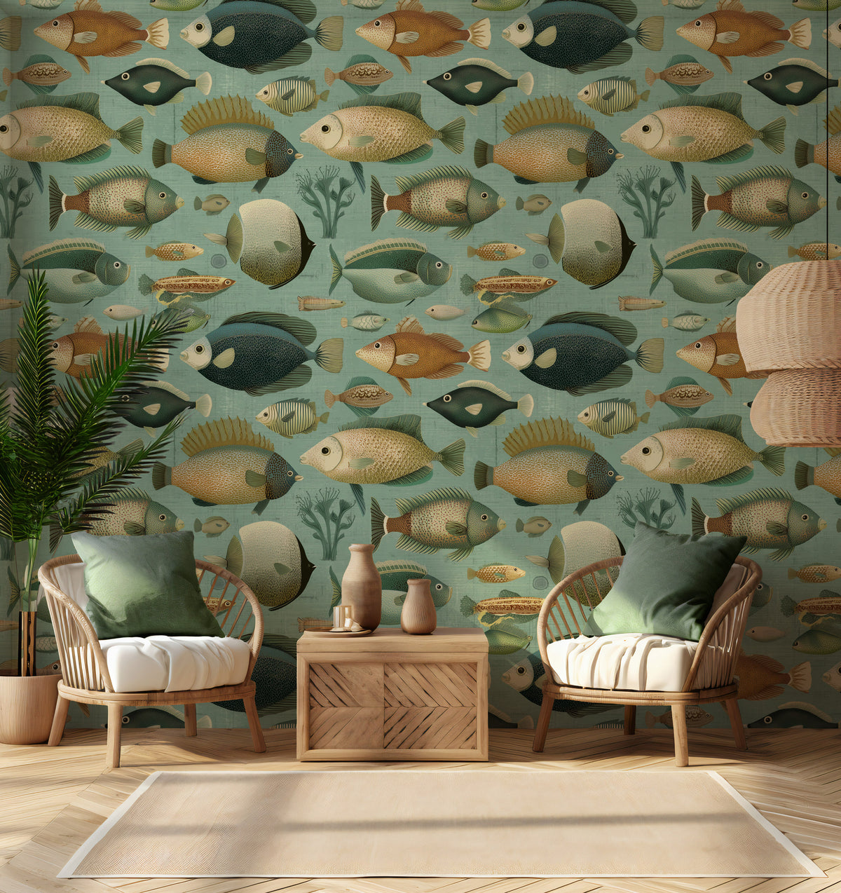 Ocean Fish Wallpaper : Vintage Sea Life Bathroom Wall Mural - View 4