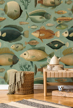 Ocean Fish Wallpaper : Vintage Sea Life Bathroom Wall Mural - View 3