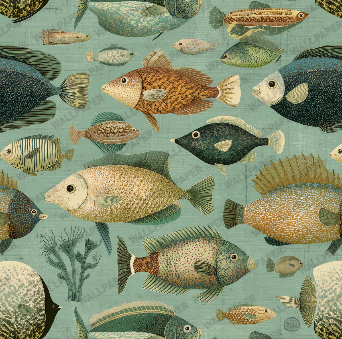 Ocean Fish Wallpaper : Vintage Sea Life Bathroom Wall Mural - View 2