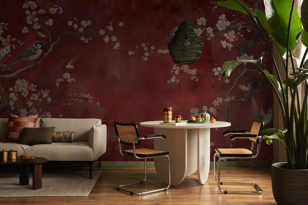 Red Cherry Blossom Wallpaper : Japanese Bird and Branch Wall Mural