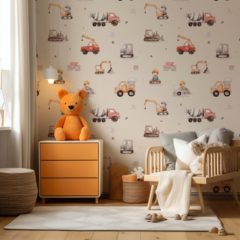 Construction Trucks Wallpaper : Digger and Crane Kids Room Mural