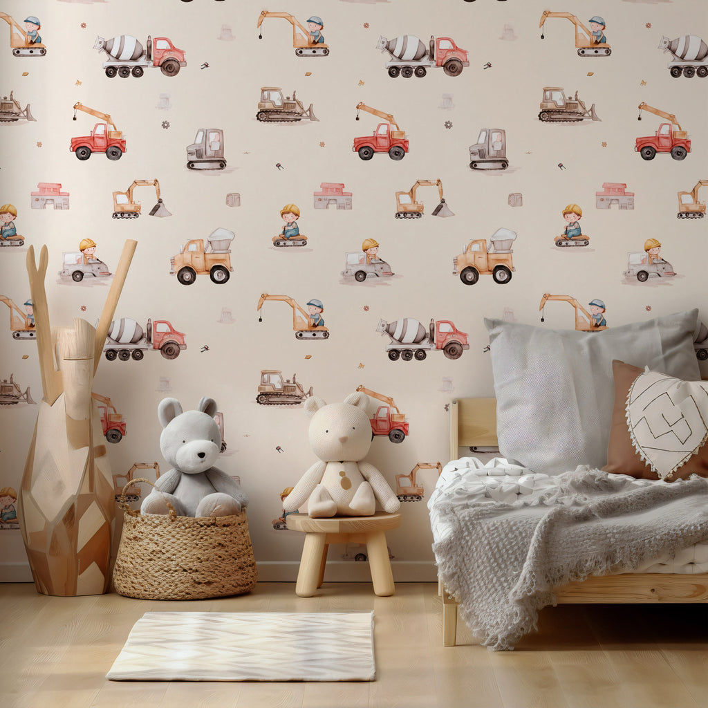 Construction Trucks Wallpaper : Digger and Crane Kids Room Mural - View 5