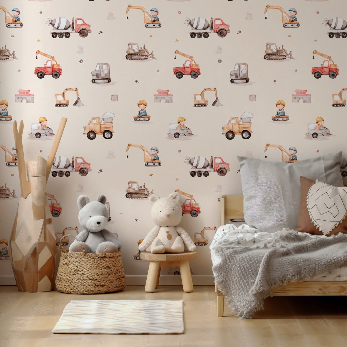 Construction Trucks Wallpaper : Digger and Crane Kids Room Mural - View 5
