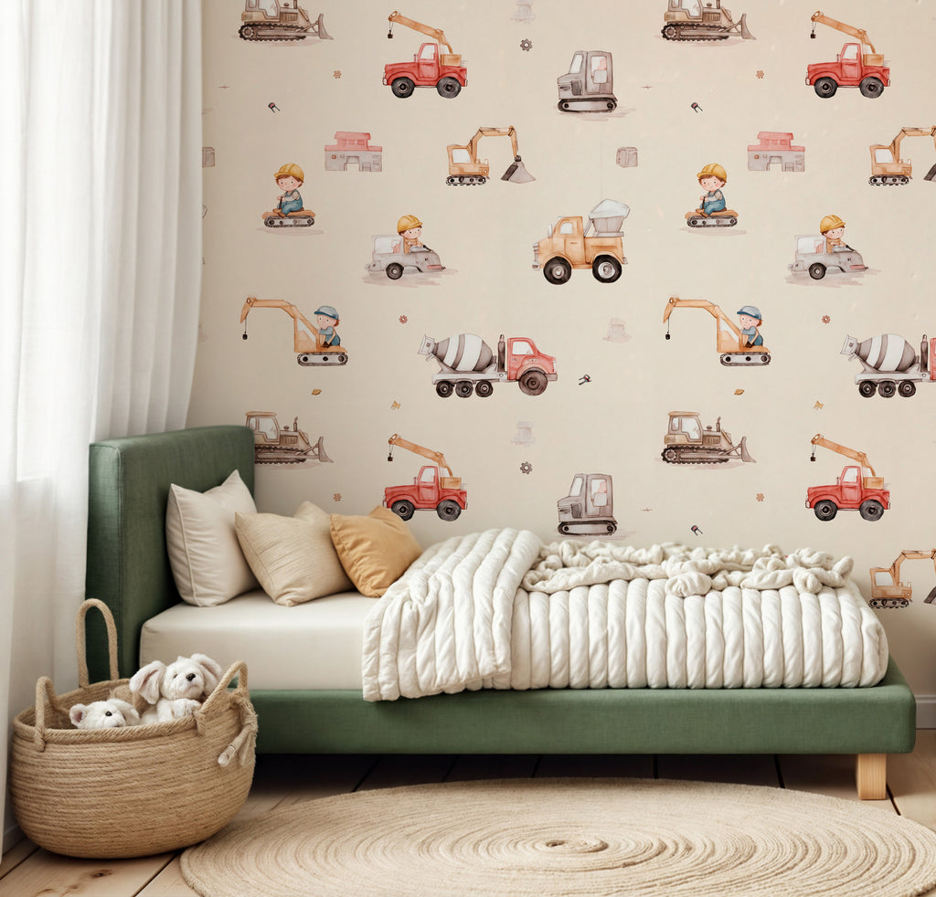 Construction Trucks Wallpaper : Digger and Crane Kids Room Mural - View 4