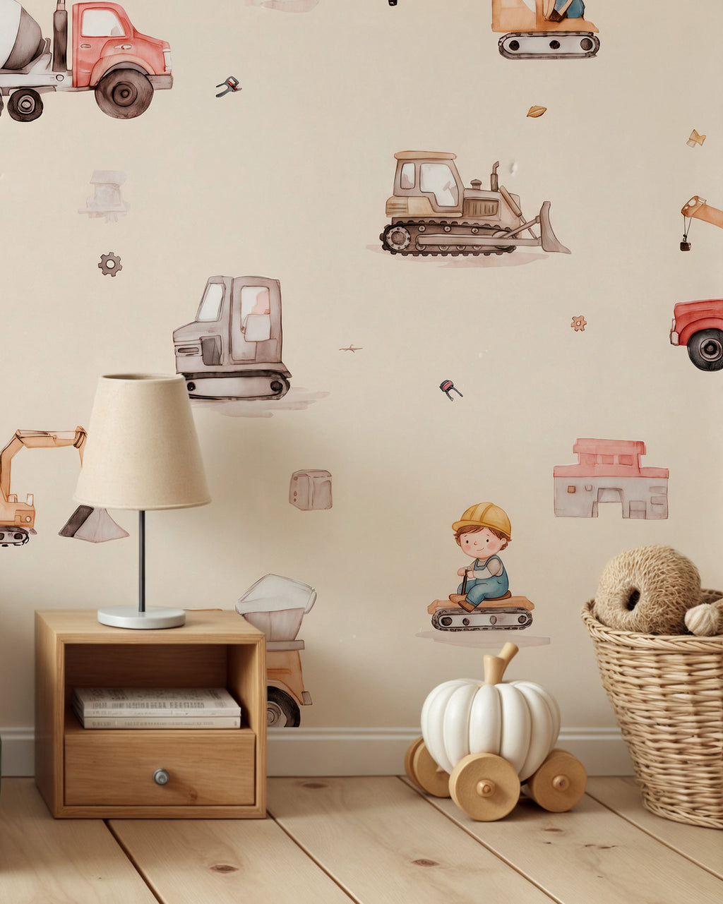Construction Trucks Wallpaper : Digger and Crane Kids Room Mural - View 3