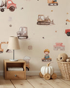 Construction Trucks Wallpaper : Digger and Crane Kids Room Mural - View 3