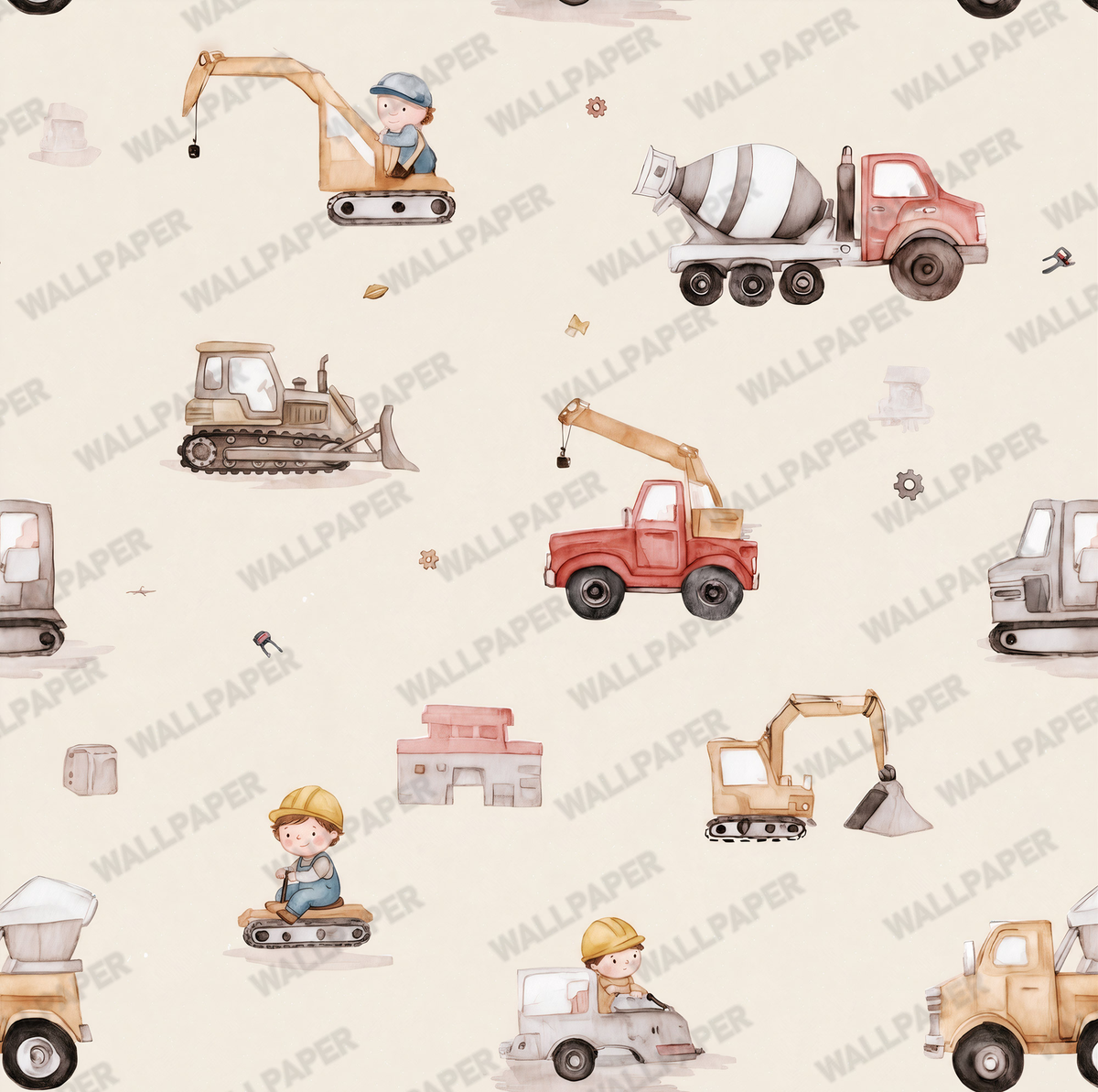 Construction Trucks Wallpaper : Digger and Crane Kids Room Mural - View 2