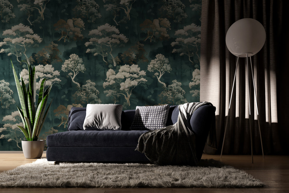 Dark Teal Japanese Tree Wallpaper : Ivory Forest Wall Mural - View 4