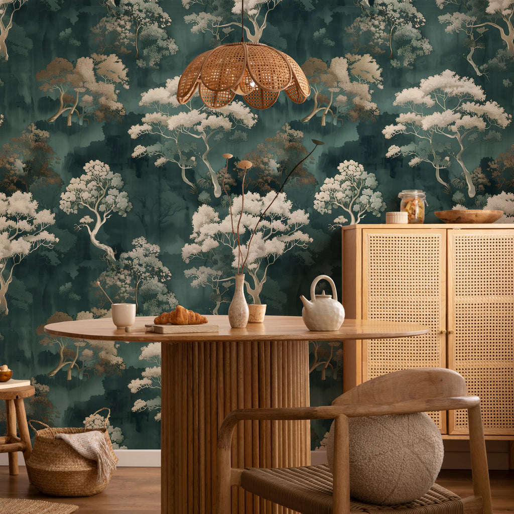 Dark Teal Japanese Tree Wallpaper : Ivory Forest Wall Mural