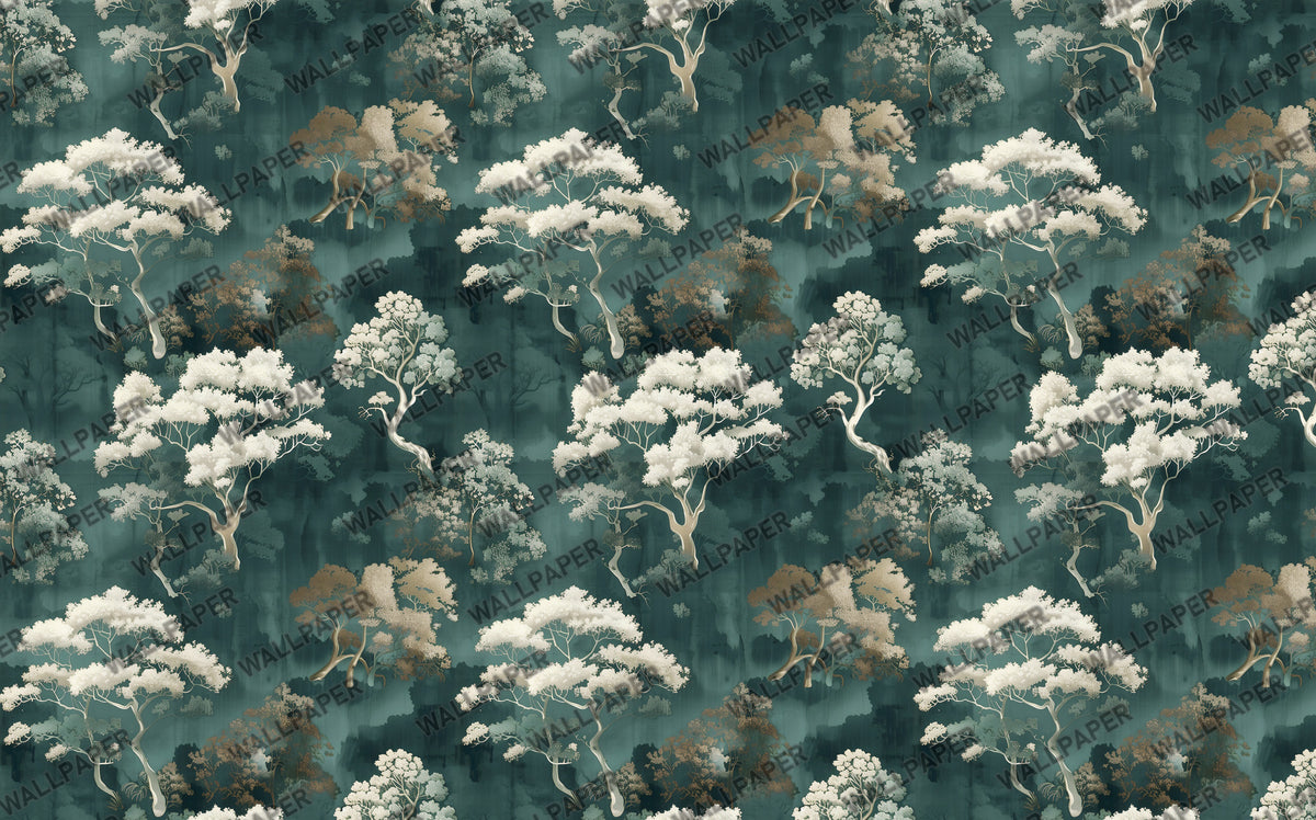 Dark Teal Japanese Tree Wallpaper : Ivory Forest Wall Mural - View 2