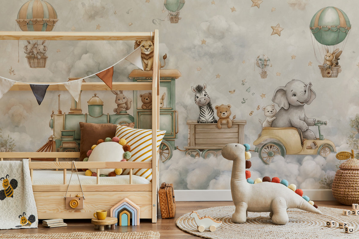 Cloud Train Wallpaper : Teddy Bear and Balloon Nursery Wall Mural - View 3