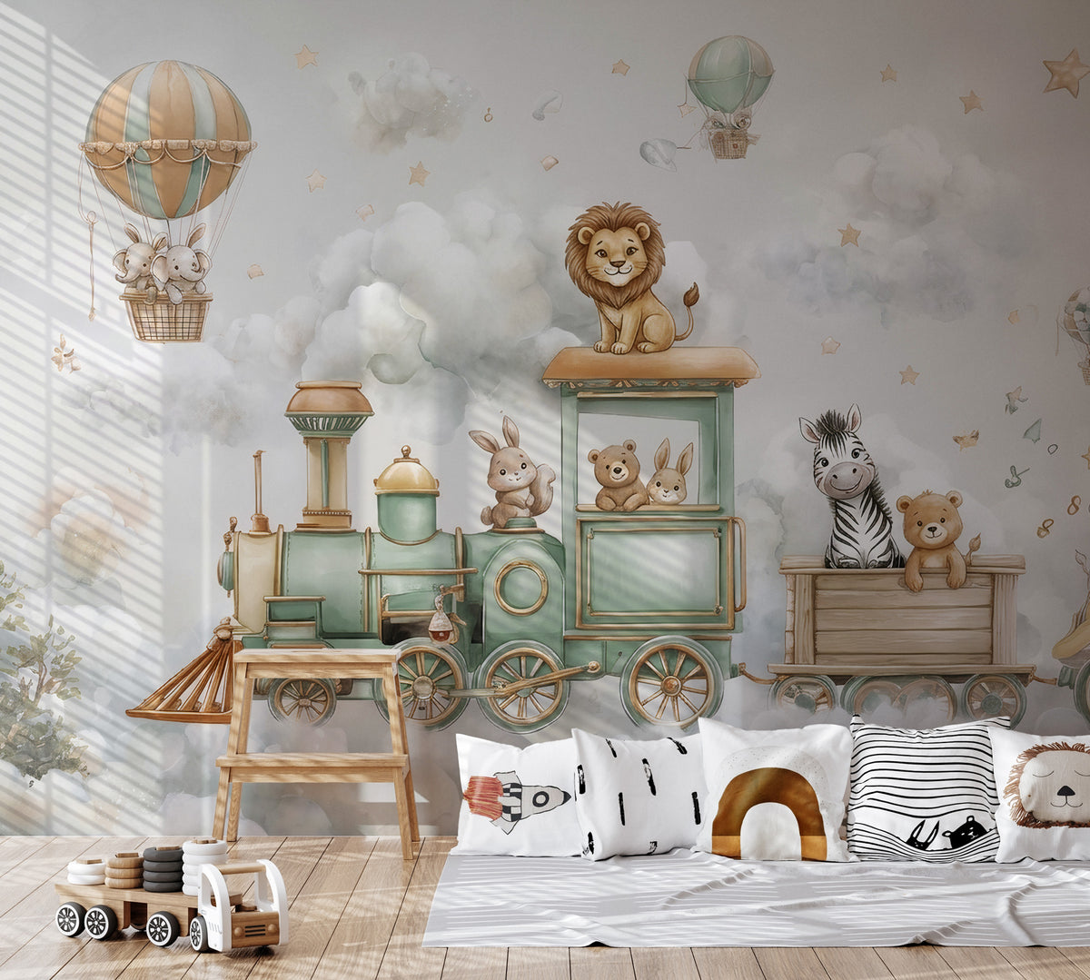 Cloud Train Wallpaper : Teddy Bear and Balloon Nursery Wall Mural - View 5