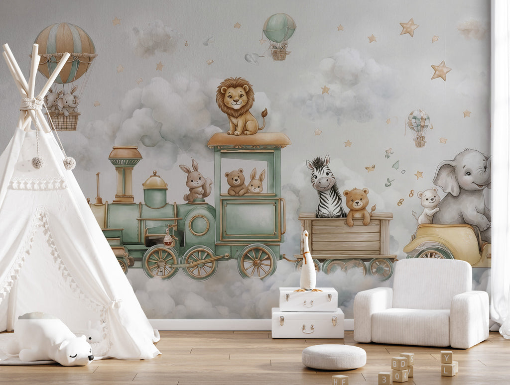 Cloud Train Wallpaper : Teddy Bear and Balloon Nursery Wall Mural - View 4