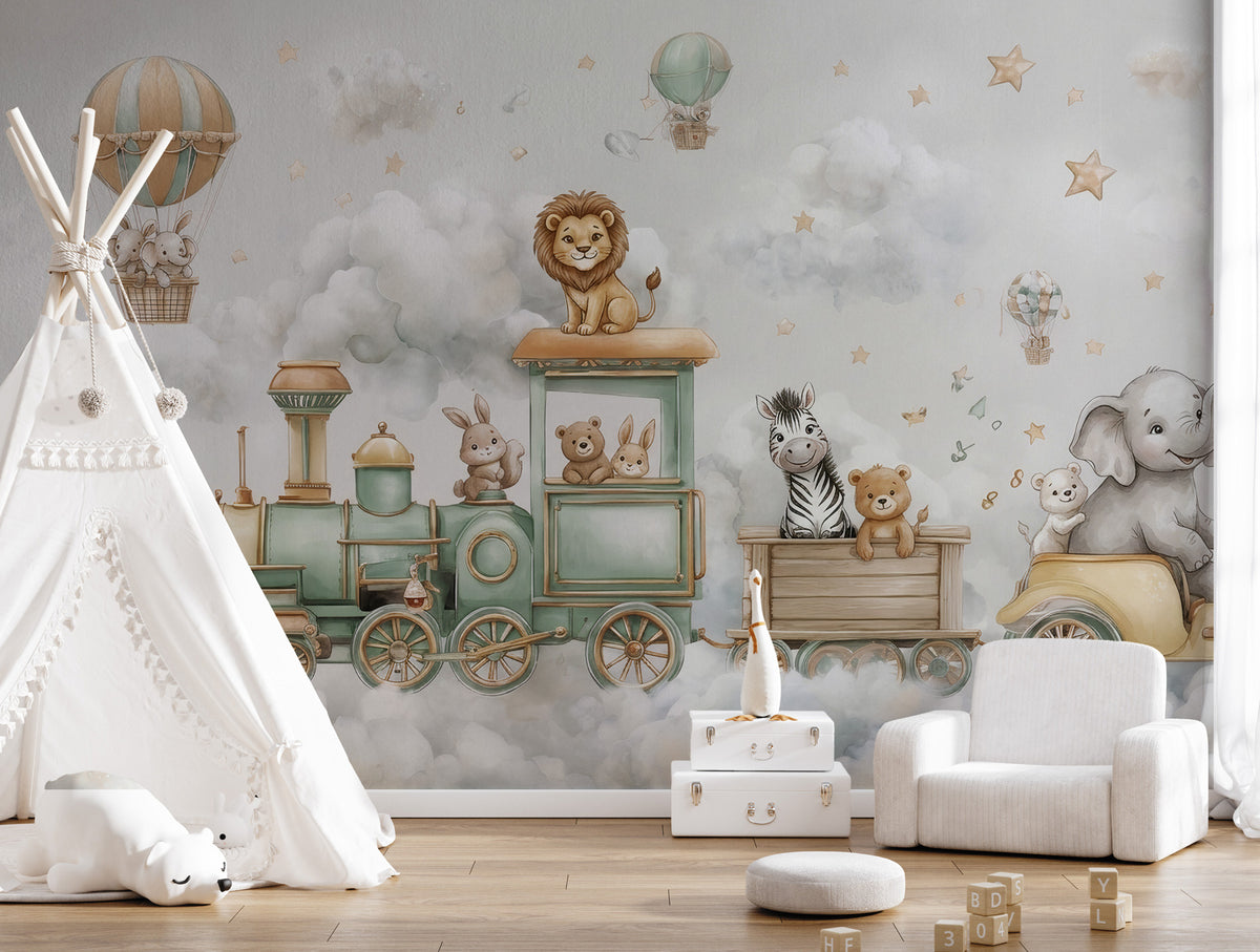 Cloud Train Wallpaper : Teddy Bear and Balloon Nursery Wall Mural - View 4
