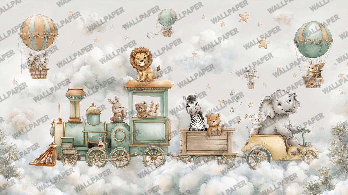 Cloud Train Wallpaper : Teddy Bear and Balloon Nursery Wall Mural - View 2
