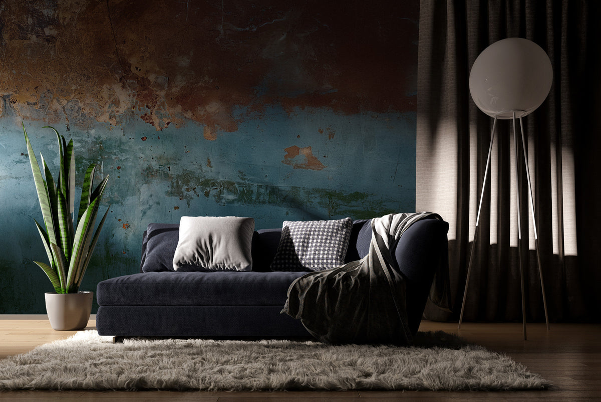 Blue Rust Concrete Wallpaper : Distressed Industrial Plaster Mural - View 2