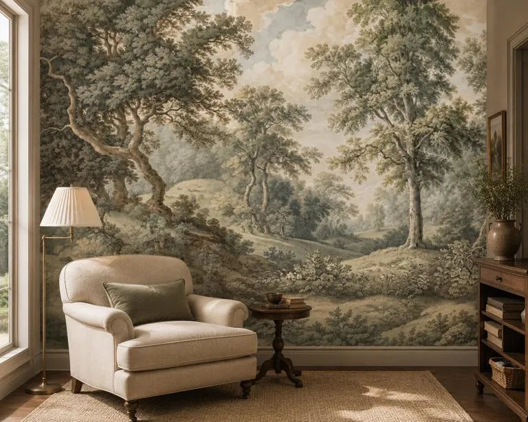 Vintage English Countryside Tree Wallpaper