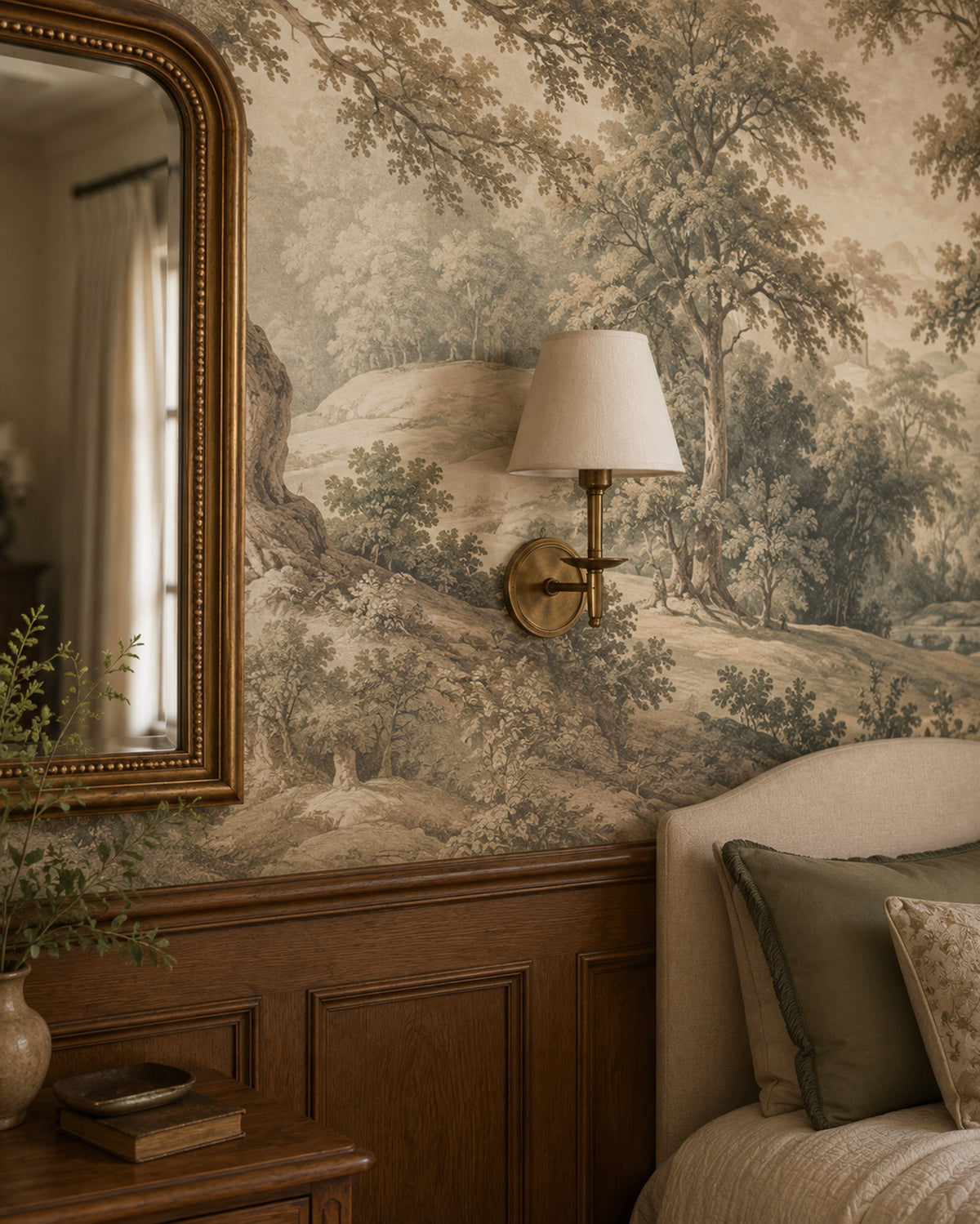 Vintage Green Landscape Wallpaper : Classical Tree Scene Wall Mural - View 3