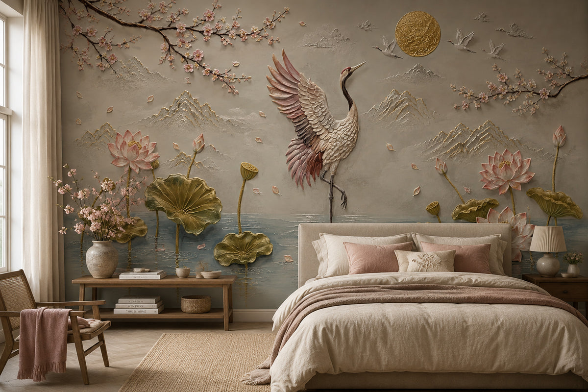 3D Crane and Lotus Wallpaper : Sculpted Relief Blossom Wall Mural