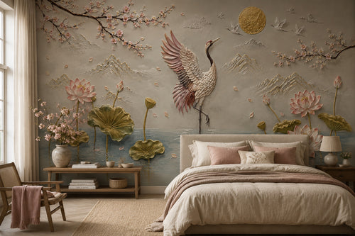 3D Crane and Lotus Wallpaper : Sculpted Relief Blossom Wall Mural