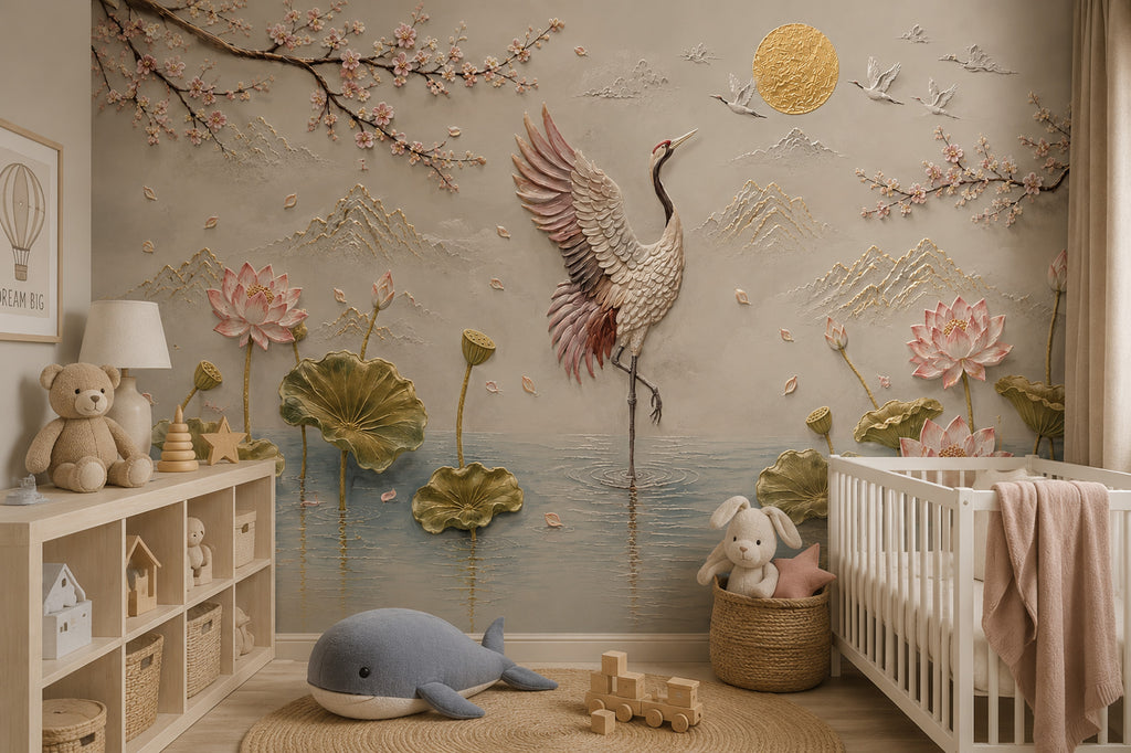 3D Crane and Lotus Wallpaper : Sculpted Relief Blossom Wall Mural - View 5
