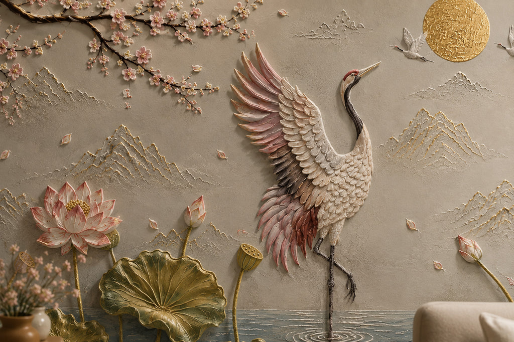 3D Crane and Lotus Wallpaper : Sculpted Relief Blossom Wall Mural - View 4