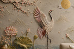 3D Crane and Lotus Wallpaper : Sculpted Relief Blossom Wall Mural - View 4