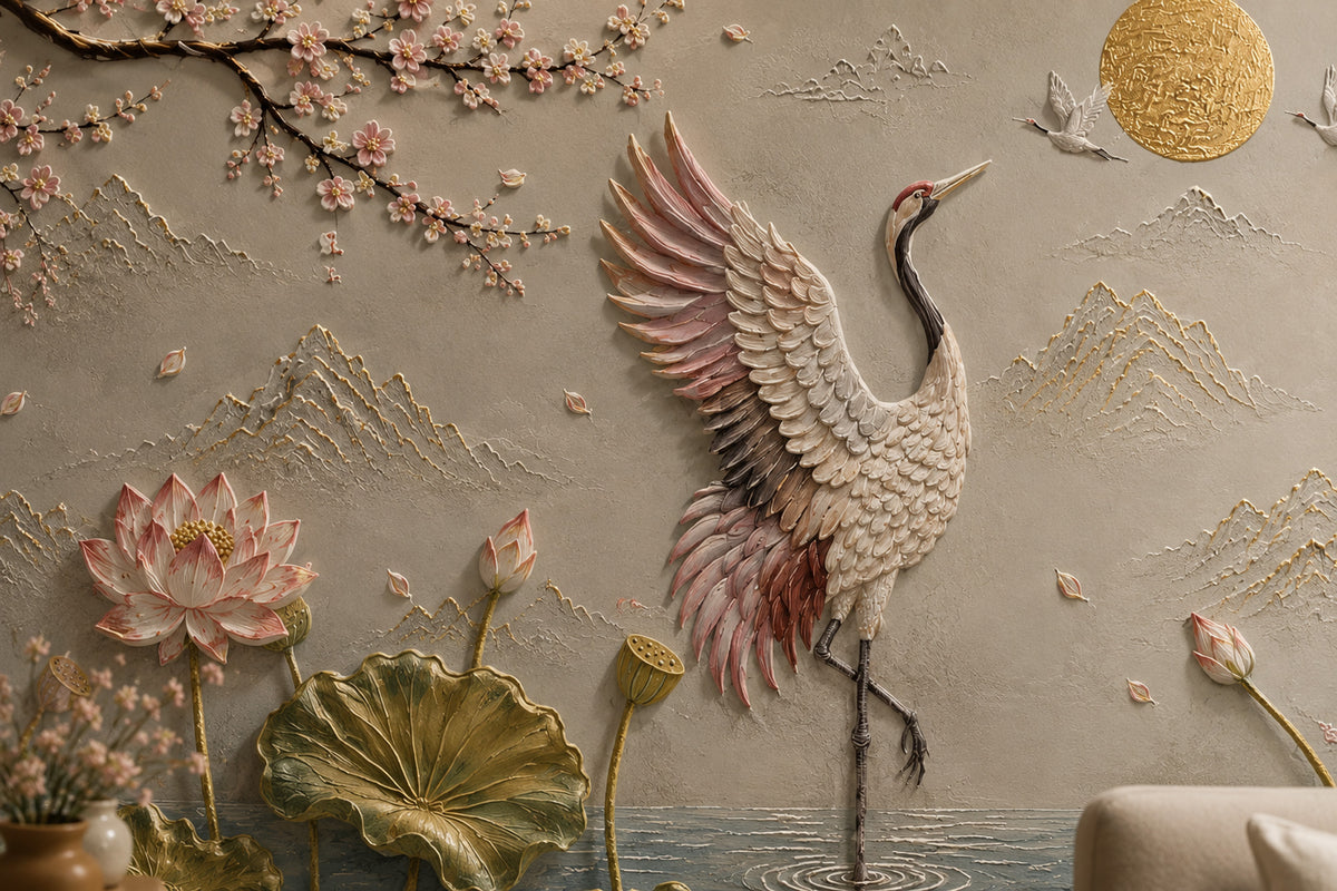 3D Crane and Lotus Wallpaper : Sculpted Relief Blossom Wall Mural - View 4