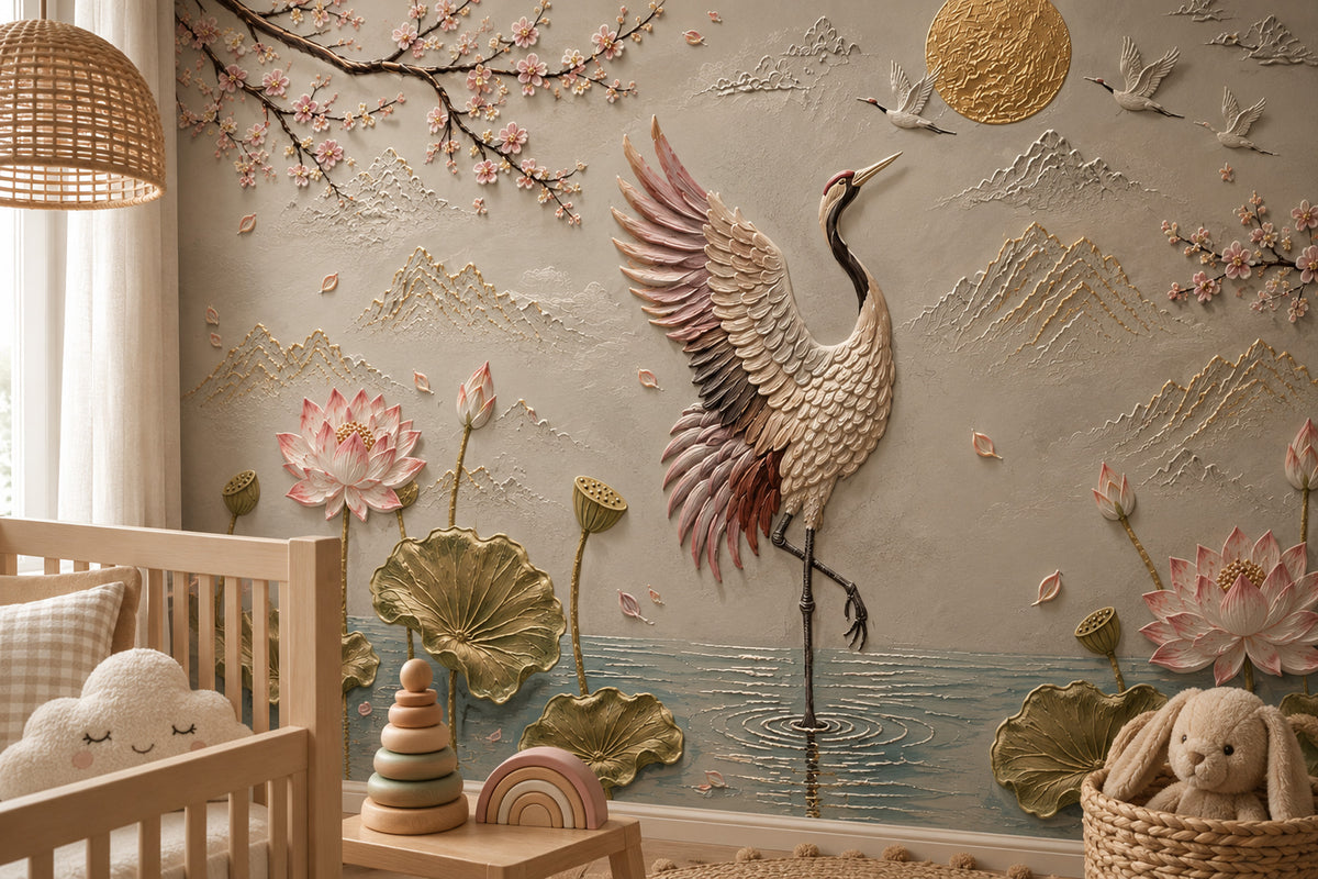 3D Crane and Lotus Wallpaper : Sculpted Relief Blossom Wall Mural - View 3