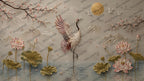 3D Crane and Lotus Wallpaper : Sculpted Relief Blossom Wall Mural - View 2