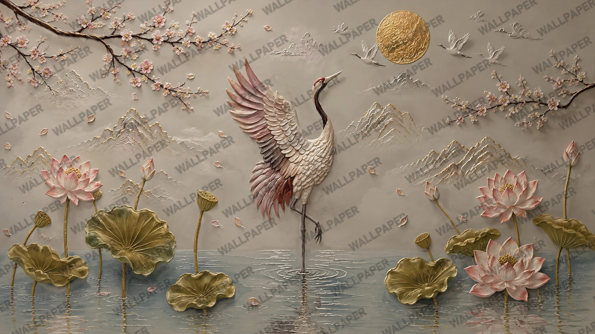 3D Crane and Lotus Wallpaper : Sculpted Relief Blossom Wall Mural - View 2